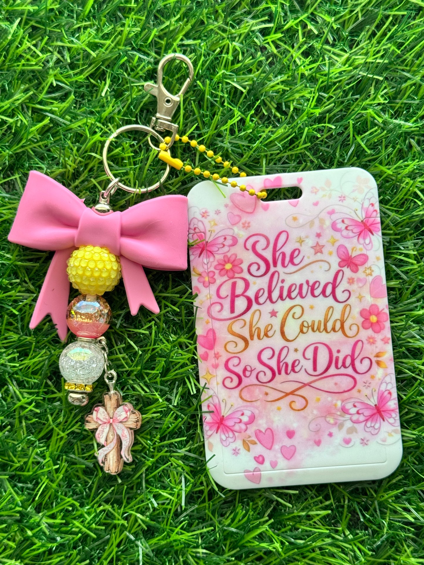 Faith-Inspired Badge Buddy with Beaded Bow Charm